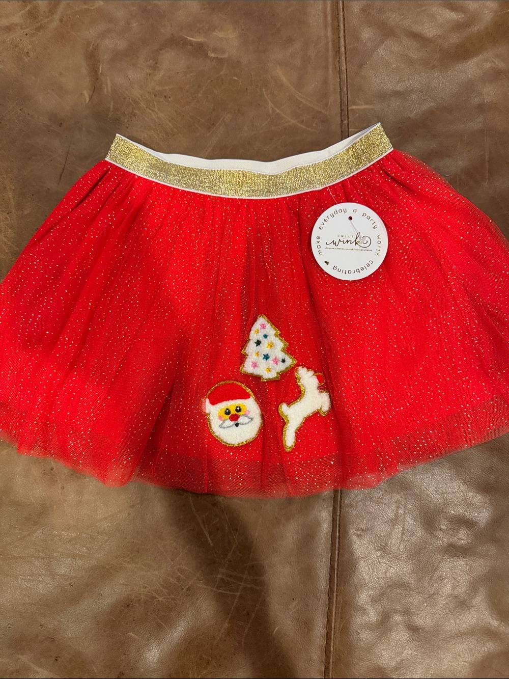 Sweet Wink Festive Red Tulle Holiday Skirt with Gold Waistband